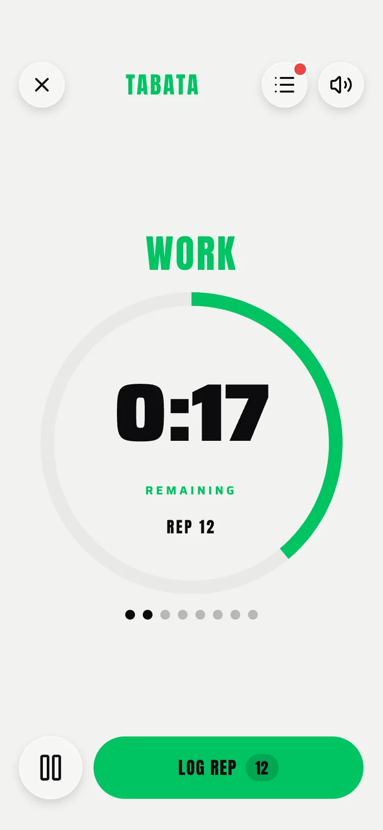 The Tabata timer mid-workout: a work interval counting down from seventeen seconds on a ring, rep twelve logged.